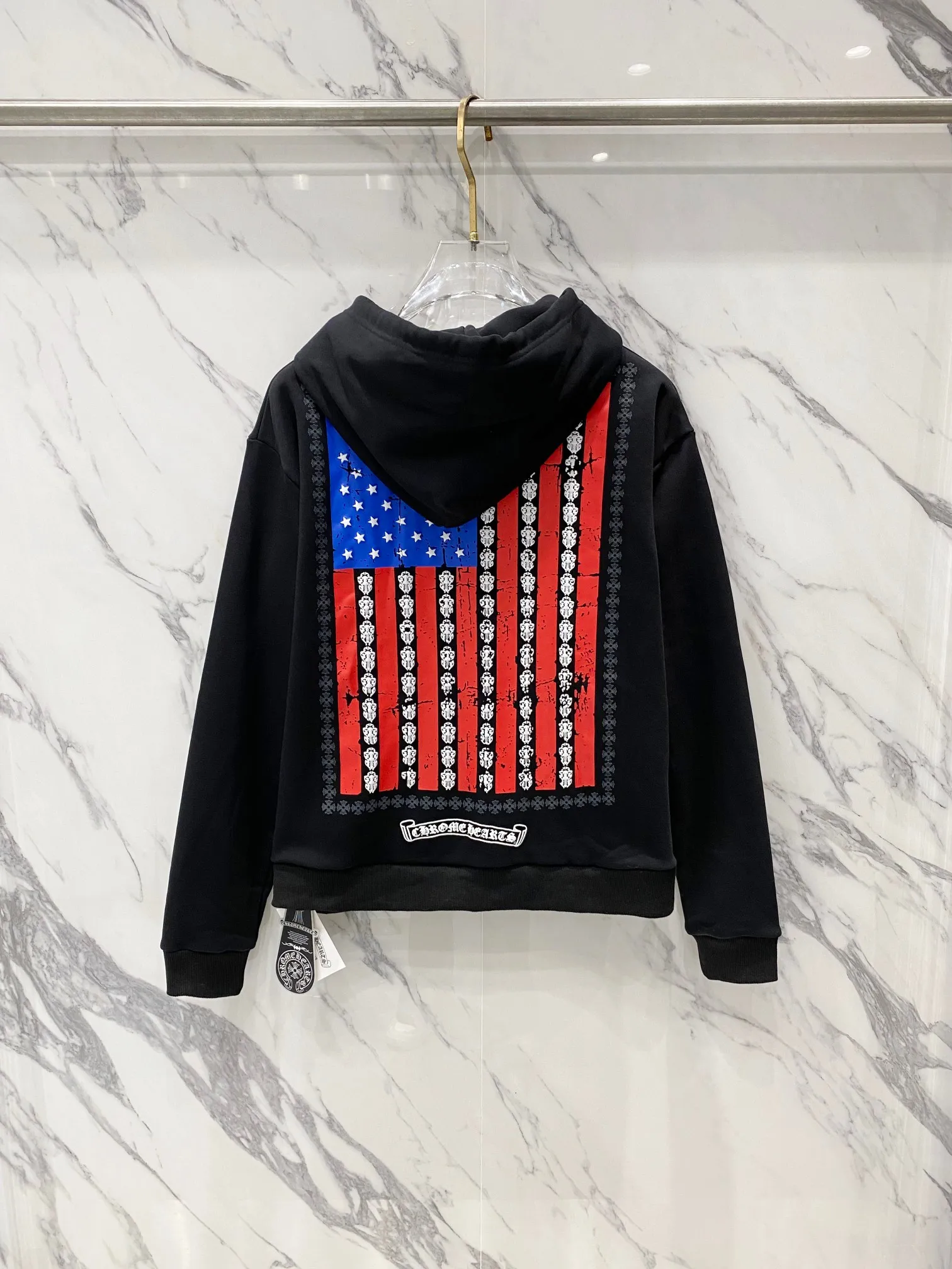 P290 Chrome Hearts 25ss horseshoe Sanskrit flag foam printed zipper hooded sweatshirt jacket. Fabric high-definition super heavyweight pure cotton fabric. Customized hardware. Thread. Accessories. Matching version. Same style for men and women. -Color: Black -Size: S M L XL